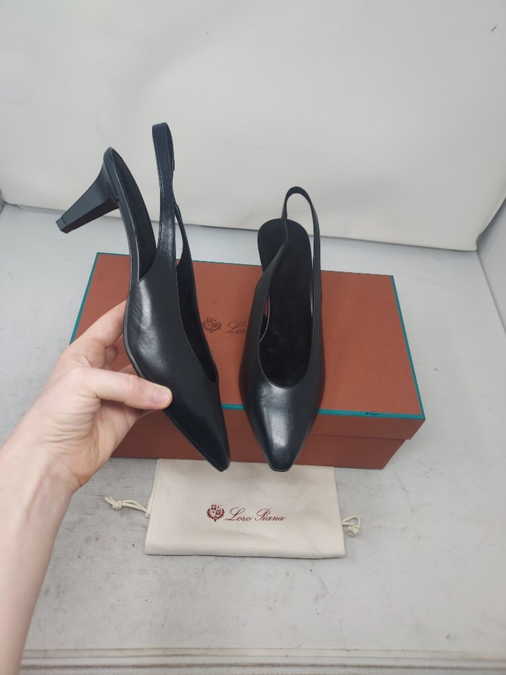 LORO PIANA Black Rebecca Leather Slingback Pump